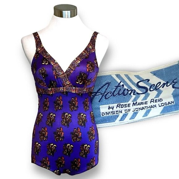 Vintage 1970s Rose Marie Reid Womens Swimsuit Sz S Purple Paisley Low Back Boho - Picture 1 of 13
